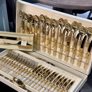 75 pcs 12 Person Ivory Gold Dinnerware Cutlery Set, Gold Tableware Set, Italian Style Dinnerware Set, Flatware Set, Luxury Kitchenware