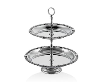 Luxury Silver 2 Tier Serving Tray – Elegant Dessert Stand – Handmade Metal Pastry Holder – Afternoon Tea Display – Decorative Serving Plate