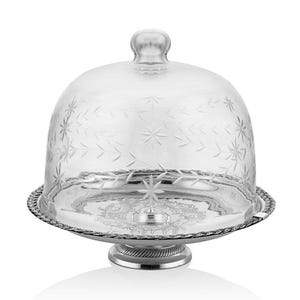Soporte de lujo para pasteles con cúpula de cristal y base de acero inoxidable: elegante expositor de postres, pieza central para mesas sofisticadas.