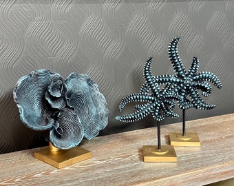 Decorative Navy Blue Coral Reef, Polyester Coral Object,Coral Stone Sculpture, Starfish Decor,Table Top Starfish Statue,Navy Blue Coral Reef