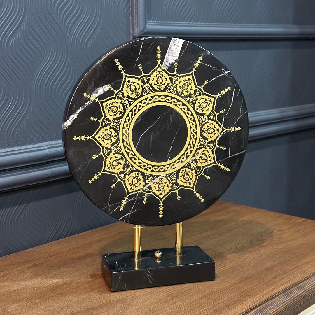 Patterned Disc Marble Art Object, Gold Patterned Marble Disc , Black Marble Decor ...