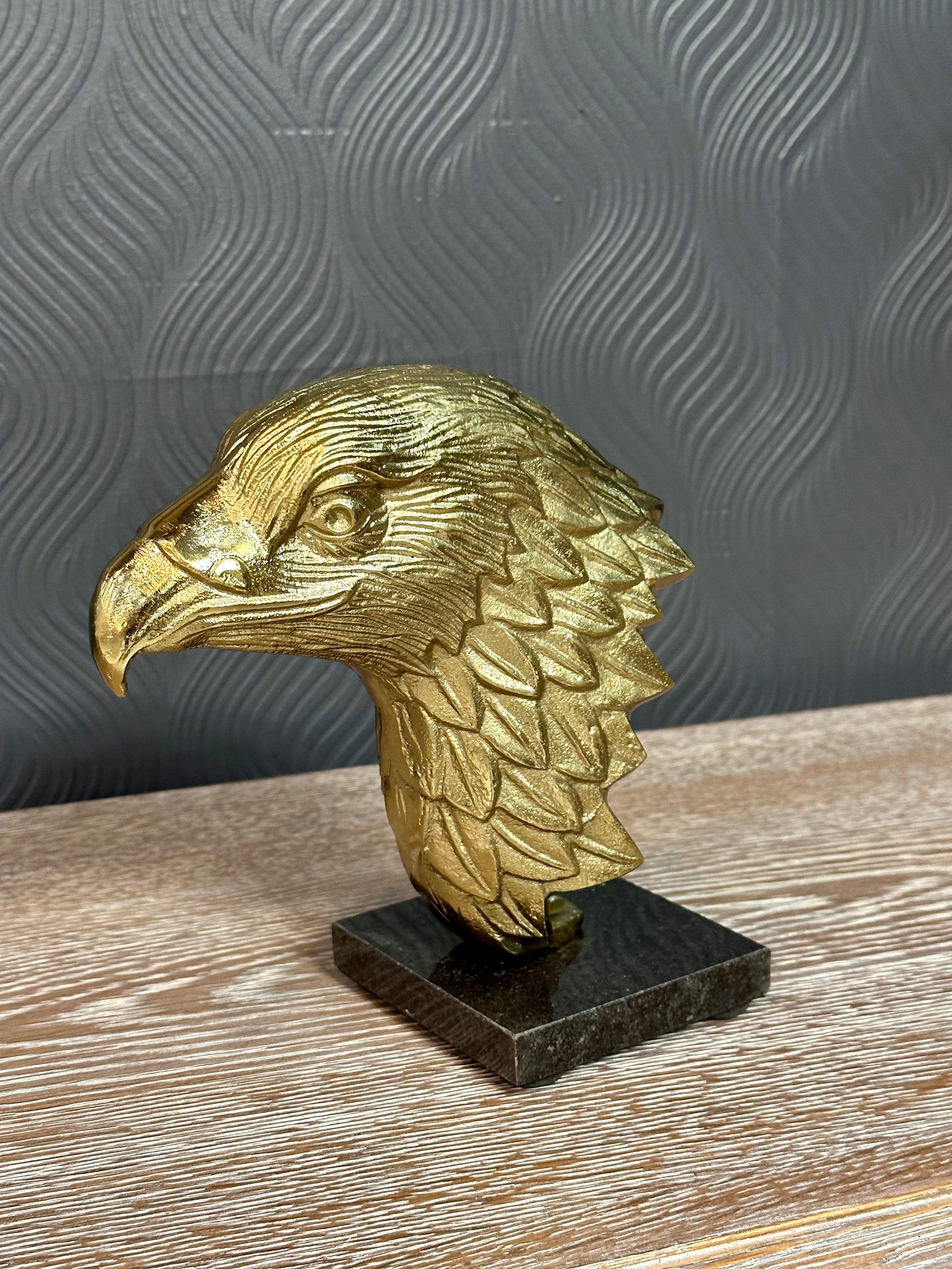 XL Brass Eagle Head Statue, Gold Eagle Sculpture, Marble