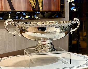 Luxury Stainless Steel Serving Bowl with Brass Details – Elegant Pedestal Centerpiece – Timeless Statement for Refined Tables