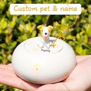 Personalized Dog Urn for Ashes,Adorable Handmade Ceramic Pet Urn - Dog Figurine Topper with Daisy Motifs, Special Memory, Memorative Gift
