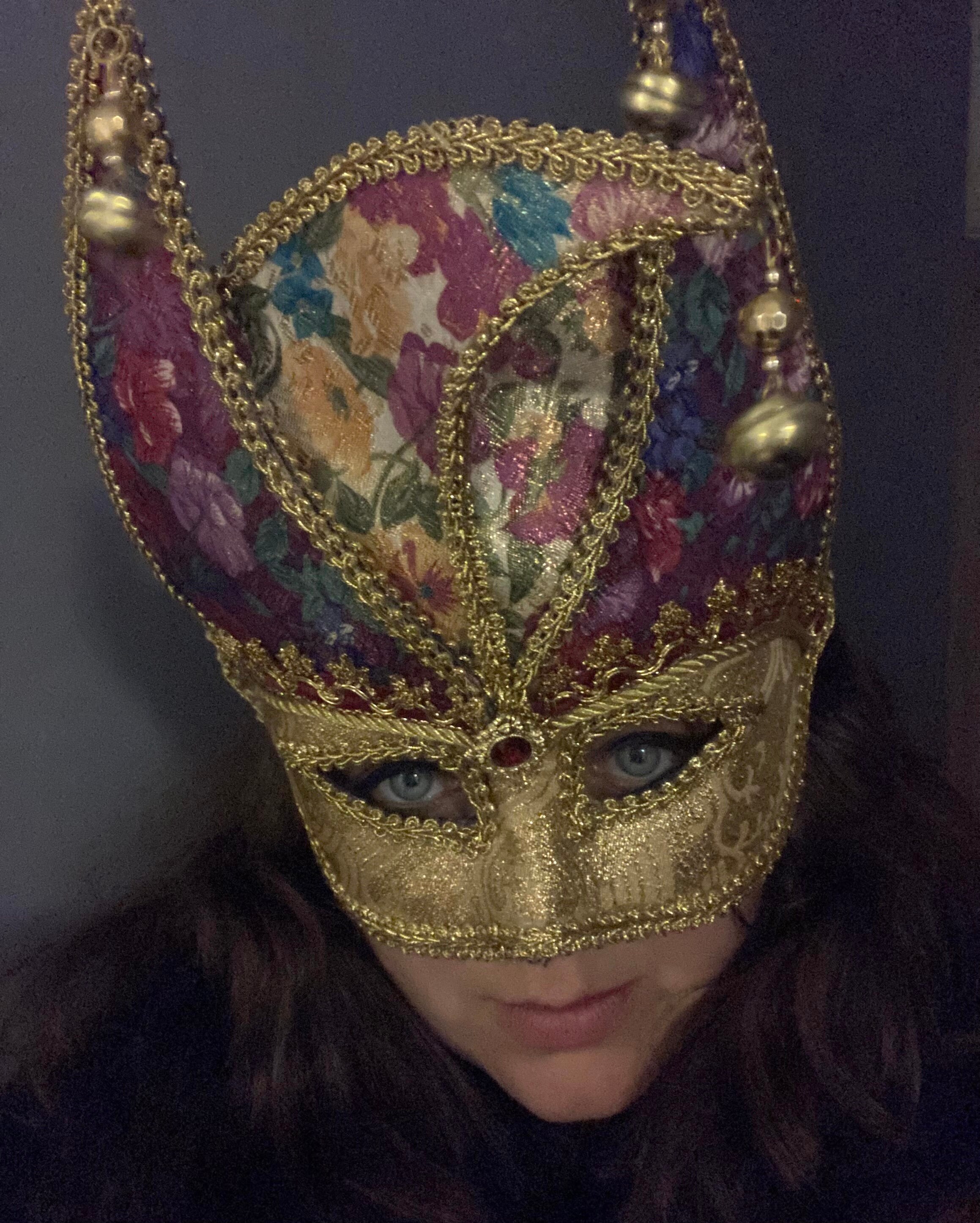 Traditional Venetian Mask Tri Crested With Bells & Head Band Floral ...