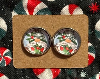 Christmas Gnome Earrings, Cute Green Stainless Steel Studs
