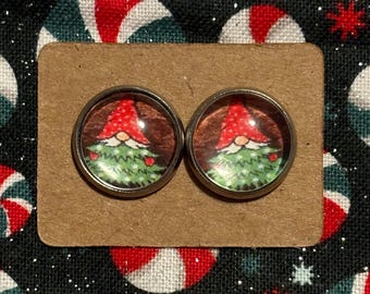 Christmas Gnome Earrings, Red Hat, Stainless Steel (12mm)
