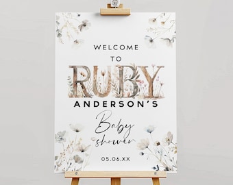 Wildflower Custom Baby Shower Welcome Sign, Wildflower Baby Shower Floral Sign Floral Personalized Baby Shower Sign Printable Welcome Sign.
