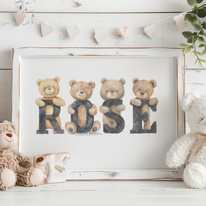 Nombre personalizado Impresión de la guardería, Impresión del oso de peluche para el regalo de la guardería para los niños Impresión del cartel personalizado Decoración de la guardería Decoración de la habitación de los niños Nombre del signo