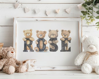 Personalisierter Teddybär Name Druck, Kinderzimmer Dekor (Digitaler Download)