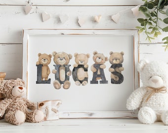 Personalisierter Teddybär Name Druck, Kinderzimmer Dekor (Digitaler Download)