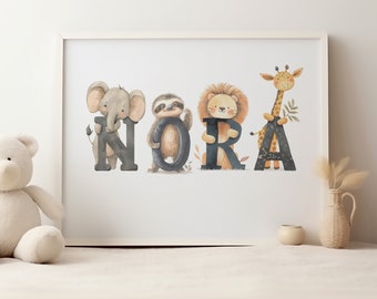 Custom Wall Art For Kids, Jungle Nursery Decor Name Art Print Toddler Room Posters Personalized Gift For Baby And Child Gifts Animal