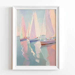 Pastel Sailboat Painting Sunset Art Print Coastal Wall Decor Beach House Printable Summer Ocean Landscape Seashore Digital Download