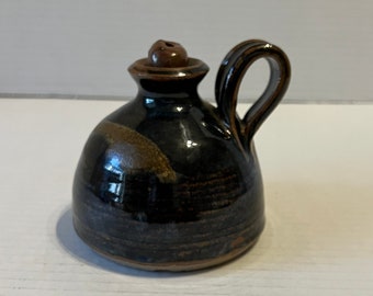 Studio Pottery Blue Black Brown Handled Jug With Stopper, Oil And Vinegar, 4”