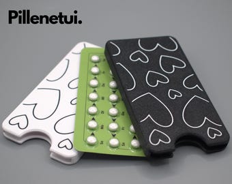 Pastillero para píldoras anticonceptivas – Diseño de corazón en blanco y negro en azul, rosa, morado y turquesa, práctico pastillero e ideal para regalar