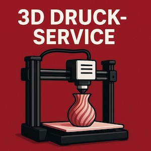 Op de afbeelding: Illustratie van een zwart-witte 3D-printer die een vaas met rood-witte strepen print. De tekst "3D DRUCK-SERVICE" staat in het wit bovenaan op een rode achtergrond.