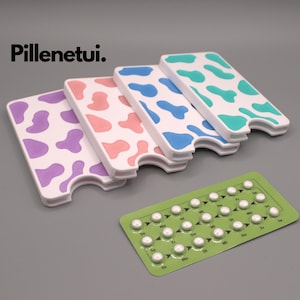 Pillerfodral för p-piller – Färgglada ko-fläckar i blått, rosa, lila och turkos, snyggt pillerfodral för kvinnor, förvaring och skydd