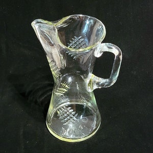Vintage Clear Blown Glass Martini/Ice Water Pitcher. Tall 10&quot; Hourglass Shape w/Pressed Crosshatch Design. Rare Midcentury MCM Barware Piece