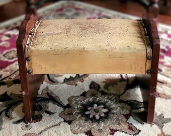 Heavy Midcentury Vintage Wooden Footstool, Rustic Foot Rest. Dark Walnut Color Wood, Aged Vinyl w/Leather look, Metal tacks/pins