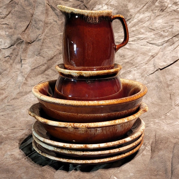 Lot of 7 Vintage Hull Oven Safe Brown Drip Glaze (House & Garden) Kitchenware. Bread plates, soup bowl, lugged cereal bowl, creamer, sugar