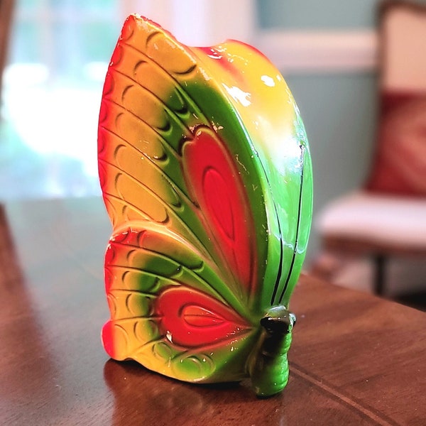 Rare Vintage 6" Ceramic Bright Rainbow Butterfly Coin Piggy Bank, made in Japan. Beautiful Retro Decor w/ Vibrant Red, Green, Yellow Colors