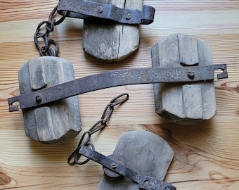 Interesting Lot Primitive Vintage/Antique Farm Horse Equipment Unfinished Wood & Iron. Chains, Small Pulley; Rustic Farmhouse Country Decor!