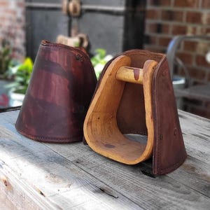 Vintage Tapadero Style Stirrups. Leather Covered Wood, Western Style Horseback Riding Gear.