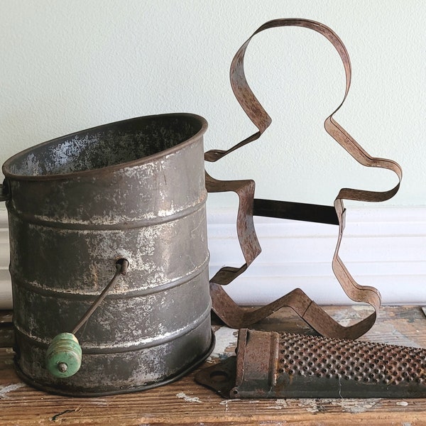 Rustic Vintage Kitchen Trio; Flour Sifter, W. Germany Zester Grater, 7.5" Gingerbread Man Cookie Cutter. Primitive Country Farmhouse Decor