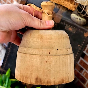 Large Wooden Antique Butter Press with 3.5&quot; Diameter Thistle Design. Primitive 19th Century Collectable Kitchen Tool/Mold. &quot;Plunger&quot; Style