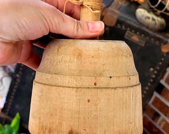 Large Wooden Antique Butter Press with 3.5" Diameter Thistle Design. Primitive 19th Century Collectable Kitchen Tool/Mold. "Plunger" Style