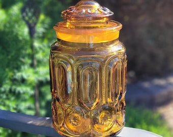 Beautiful Honey Amber, Moon and Stars ~9.5&quot;×5.5&quot; Canister Jar by L.E. Smith Glass. Great Medium/Large Mid-century accent jar for kitchen etc