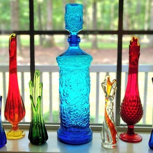 Large, Turquoise/Aqua Blue Glass Empoli 20&quot; Tall Decanter Bottle w/Stopper. Raised/Pressed Fruit Design, Made Italy 1960&#39;s Mid-Century Decor