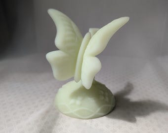 Fenton Satin Uranium Custard Glass Butterfly on Branch Ring Holder. Pale Green
