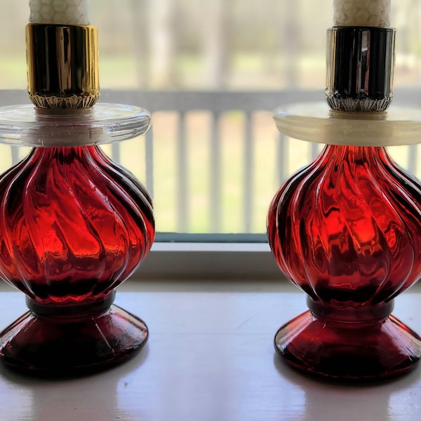 Avon Ruby Red Glass Perfume/Cologne Bottle Candlestick Holders 5" Tall. Slightly Mismatched Tops, Candles not included, "Elusive & Charisma"