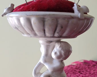 Rare and Unique "Alabaster" Ceramic Cherub Vintage Birdbath Pincushion (removable)- Napcoware Tuscany Alabastro