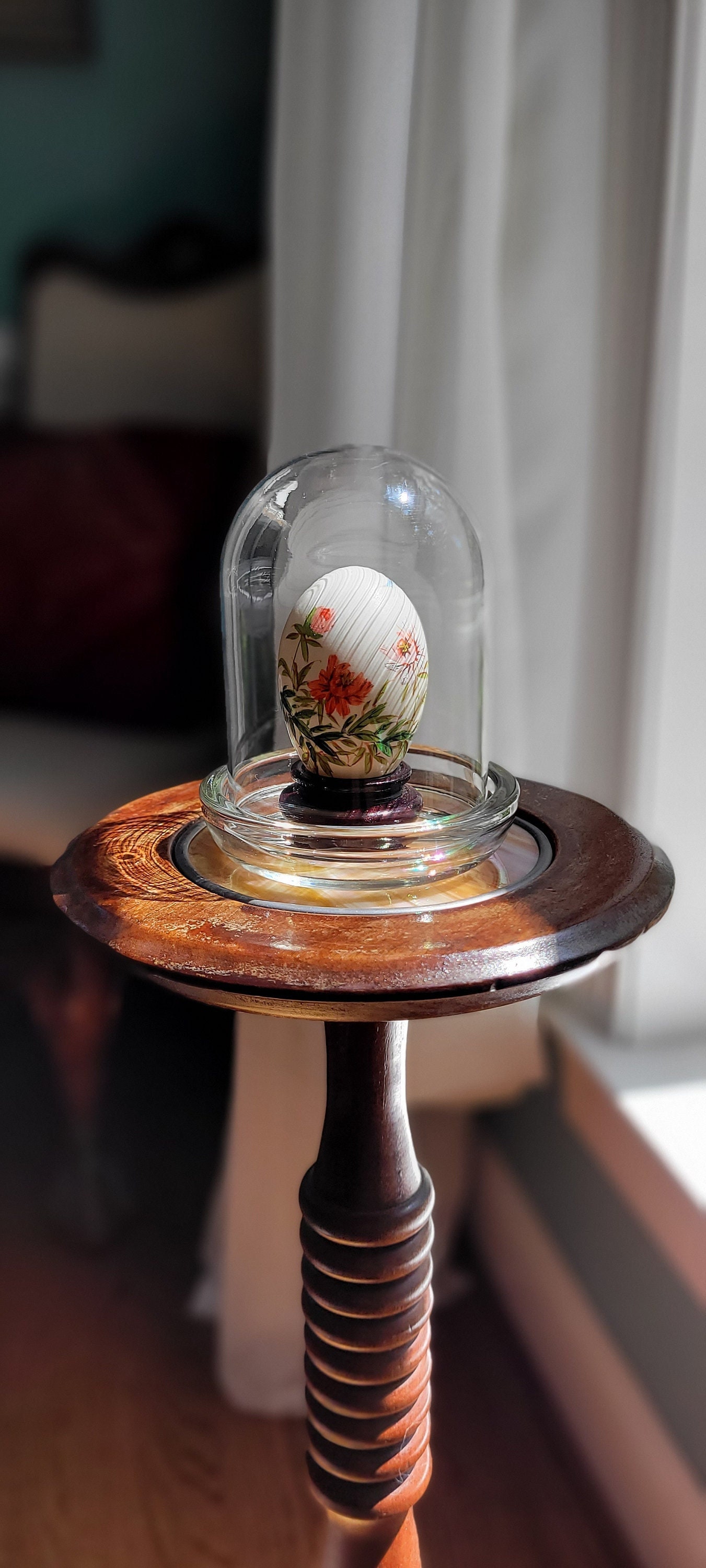 Clear Blown Glass Vintage Dome/Cloche with Hand-Painted Flowers  and Butterfly, signed in Chinese, tiny wood egg stand