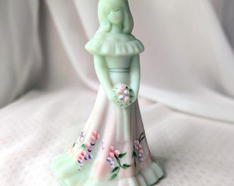 Fenton Lotus Mist Burmese Satin Glass Bridesmaid "Doll" Figurine. 7" Soft Mint/Sea Green Collectable