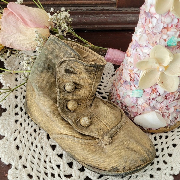 Antique Baby Shoe, Canvas with Light Bronzing. Toddler, child size 1890's Victorian? Missing one button and its mate, but oozing with charm!