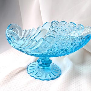 Può includere: Una ciotola da portata in vetro azzurro in stile vintage. La ciotola ha un bordo smerlato e una base a piedistallo. La superficie della ciotola è decorata con un motivo a stella. La ciotola viene probabilmente utilizzata per servire frutta o dessert.