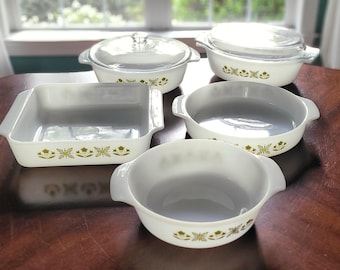Vintage Anchor Hocking "Meadow Green" Fire King White Milk Glass Cookware. Oval & Round Covered Casserole Dishes, Square/Circular Cake Pans