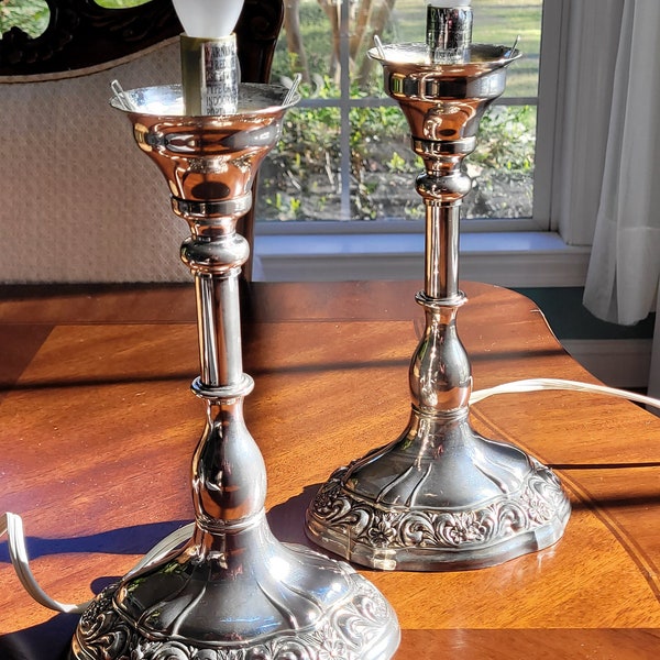 International Silver Company Silverplate Electric Candlestick Table Lamp Set for Boudoir, Dining Room, Mantle, "Victorian Lace" Minus Shades