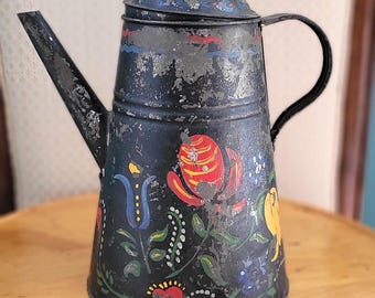 Antique Pennsylvania Toleware Chocolate/Coffee Primitive ~9.5" Pot/Pitcher. Black with Folksy Hand-painted Flowers & Hearts on Tin.