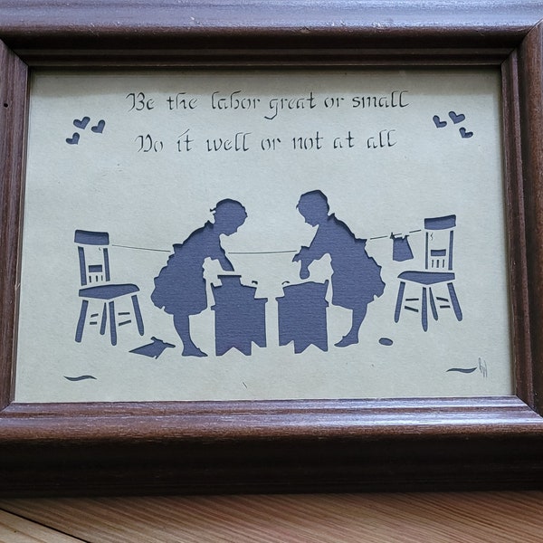 Vintage Paper-Cut-Out Picture Wall Art. 7x9 "Scherenschnitte"  Old-Fasioned Girls doing laundry, "Do It Well or Not at All!" Motto Saying