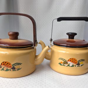 Merry Merry Mushrooms! Choice of Tea Kettle in Harvest Gold. Sears Roebuck Enamelware Pot