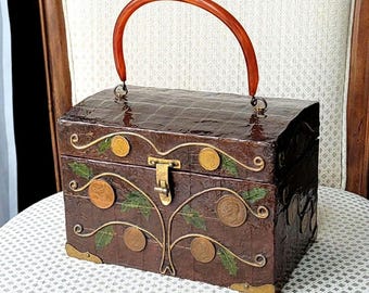 One-Of-A-Kind Late 1960's Wooden Box Purse Decorated w/Real Vintage Global Coins & Bakelite Handle. Gary Dallas/Enid Collins Style