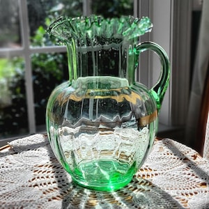 Victorian 9.5&quot; Green glass Water Pitcher w/Gold Trim. Applied handle, panel optics, beautiful ruffled top. Holds over 8 cups. NOT Uranium