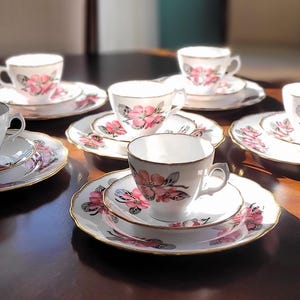 May include: Set of six white teacups and saucers with pink floral designs. Each cup and saucer has a gold trim around the edge.