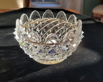 Hand Made in England, Vintage 5" Crystal Bowl by Raimond with Silverplate Grid. Pen Holder? Flower Bowl? Makeup Brushes? Lots of uses!