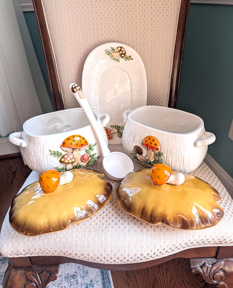 Mix-n-Match Merry Mushroom Ceramic Soup Tureen Bowls, Lids. Read Description! Vintage Sears Roebuck bild 1