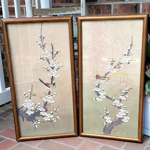 Signed P. Chan Silk Batik Painting Pair; 14&quot;×26&quot; Asian Chinese/Japanese/Oriental Style Original Wall Decor with Flowered Branches & Birds